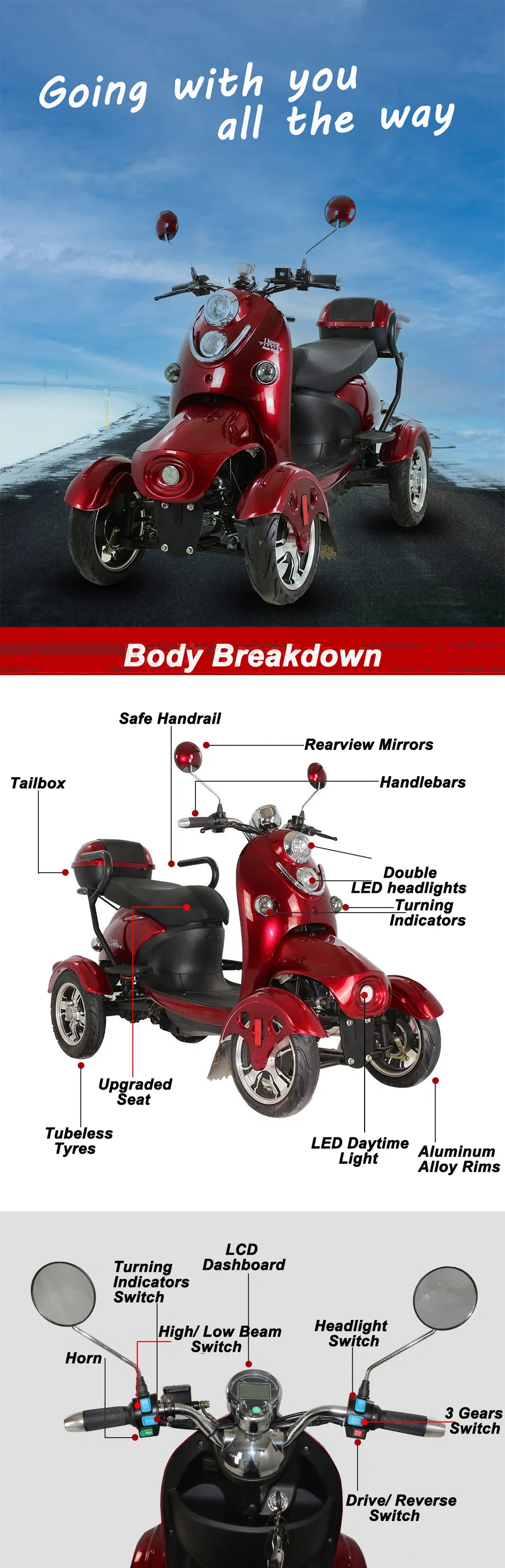 Electric Long Range Durable Powerful 4 Wheel Scooter Bike Motorcycle Vehicle Xgw1d-4L for Handicapped Elder Disabled