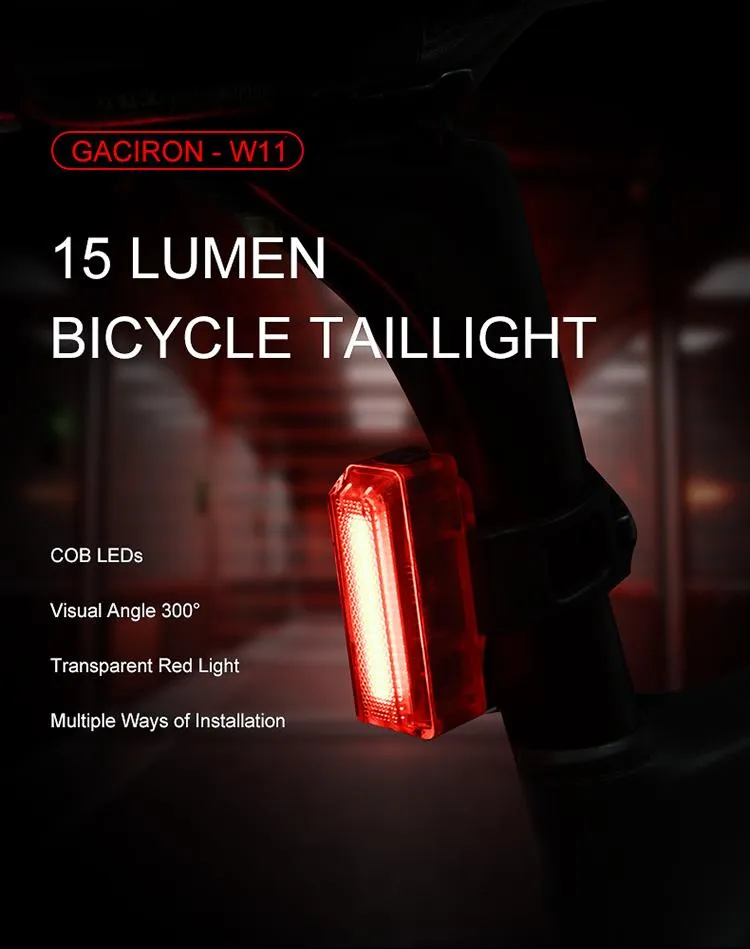 Gaciron 15 Lumen Tail Light for Bike LED Transparent Fashion Design 300 Degree Visual Angle Rear Light for Bike