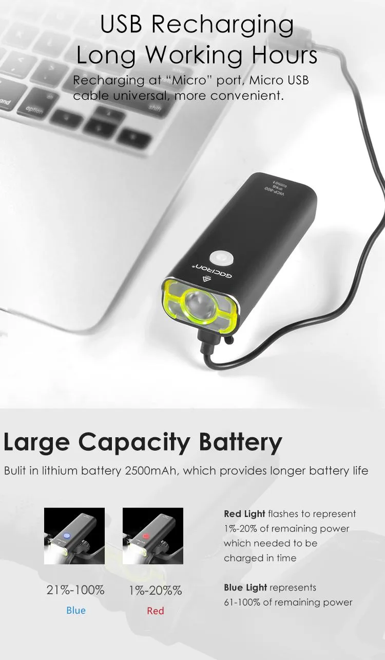 Gaciron Aluminum Alloy Ipx6 Waterproof Rechargeable Bike Light 800 Lumen LED Road Bicycle Accessories Head Lamp