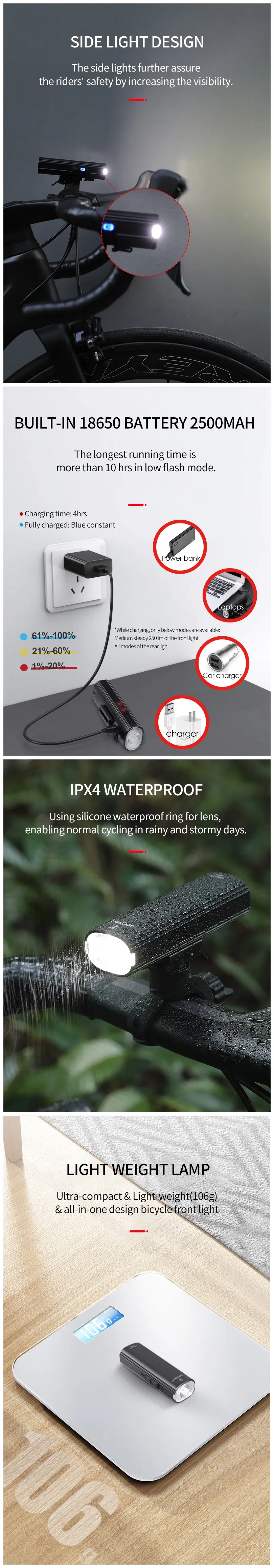 Gaciron Newest V20c-600 Bike Light Bike Front Light and Rear Light 2 in 1 LED Flashlight Bicycle Head Light