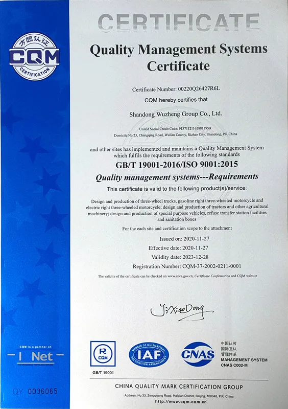 WUZHENG Diesel Dump Right Hand Drive3 Wheel Motor Tricycles